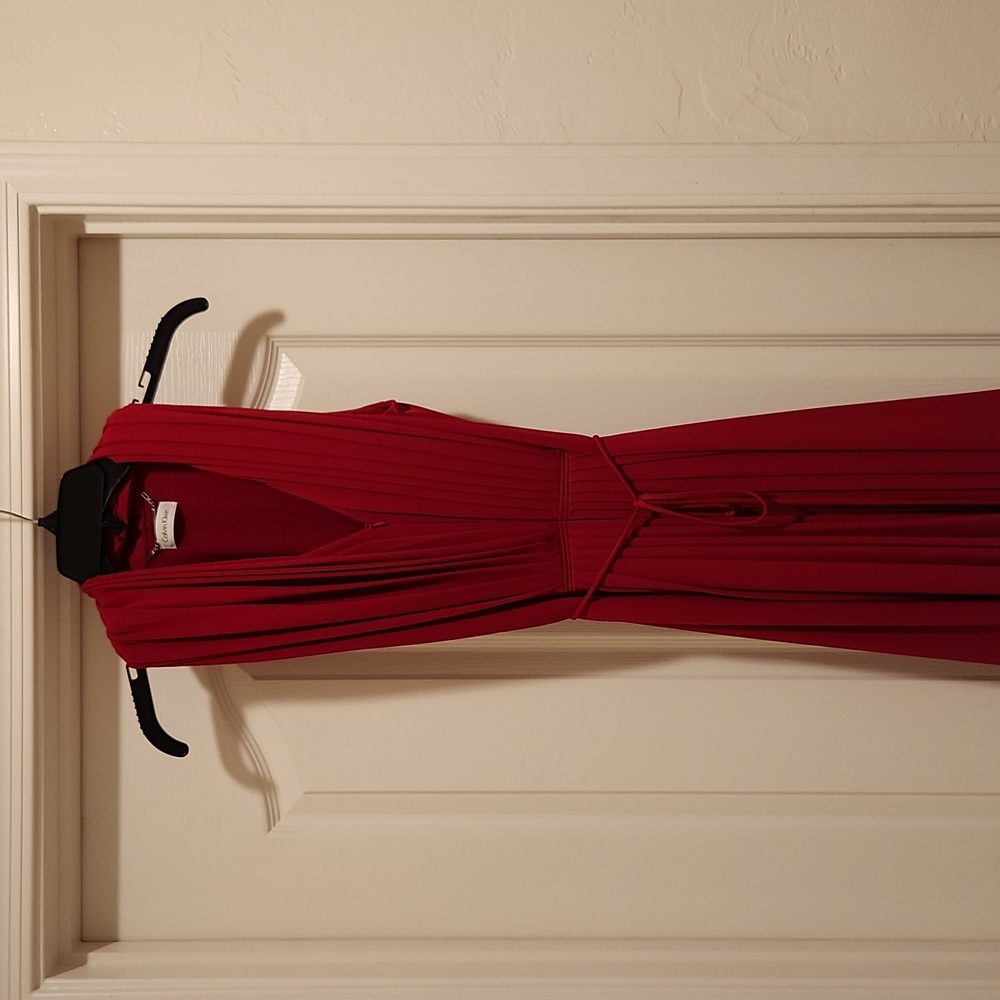 RED Calvin Klein Red Dress Zip Front pleated with tie.  Size 12